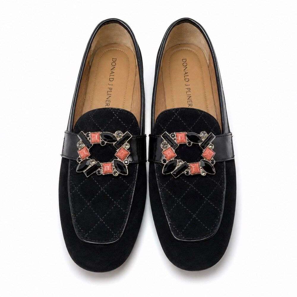 Donald Pliner Loafer Shoes Womens Size 7.5 Black Suede Jewel Embellished Slip On